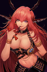  absurdres arm_behind_back armlet belt black_choker black_nails bracelet breasts chains chaos_(dungeon_and_fighter) choker cleavage commentary_request dungeon_and_fighter earrings female food_wrapper grey_eyes heterochromia highres horns jewelry knight_(dungeon_and_fighter) korean_commentary large_breasts leaning_forward long_hair mouth_hold navel photoshop_(medium) purple_eyes red_hair simple_background solo very_long_hair yeond_(yeon04) 