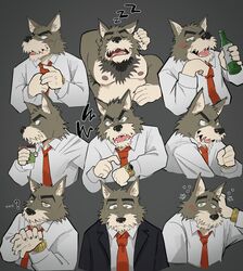  angry anthro armpit_hair bashful blush body_hair bottle business_suit canid canine chest_hair clock clothed clothing coffee_cup container cup drunk expression_sheet facial_hair fur gab_(comic) green_eyes grey_background grey_body grey_fur hi_res holding_bottle holding_container holding_cup holding_object looking_at_viewer male mammal mature_male moustache multiple_images multiple_poses necktie nipples pink_nipples pose question_mark simple_background sleeping solo substance_intoxication suit tongue tongue_out watch wristwatch yazoe 