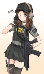  404_logo_(girls&#039;_frontline) assault_rifle baseball_cap belt body_armor brown_hair bulletproof_vest cellphone combat_shirt commentary_request female girls&#039;_frontline gloves green_eyes gun gun_sling h&amp;k_g36c hadoukirby hand_on_own_hip handgun hat headset heckler_&amp;_koch highres holster military one_eye_closed original phone pleated_skirt pointing pointing_up rifle skirt tactical_clothes thigh_holster thighhighs union_jack watch wavy_hair weapon wristwatch 