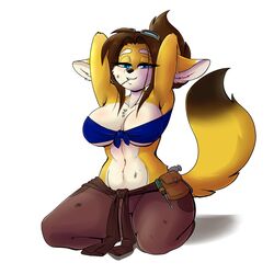  1:1 absurd_res anthro blue_eyes breasts brown_body brown_fur brown_hair canid canine claire_o&#039;conell dirty engineer_(disambiguation) eyewear female fennec_fox fox fur goggles hair hi_res mammal mechanic multicolored_body multicolored_fur skidd solo stretching tail true_fox uberquest yellow_body yellow_fur 