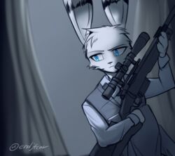  2017 absurd_res black_and_blue blue_eyes clothed clothing disney endjfcar facial_markings front_view fur greyscale gun head_markings head_tuft hi_res holding_gun holding_object holding_ranged_weapon holding_weapon jack_savage lagomorph leporid light male mammal markings monochrome rabbit ranged_weapon rifle sniper_rifle solo suit tuft weapon white_body white_fur zootopia 