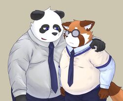  2022 ailurid anthro bari_mu bear belly big_belly black_body black_nose blue_eyes bottomwear clothing duo eyewear giant_panda glasses hi_res hug kemono male mammal necktie overweight overweight_male pants red_panda shirt simple_background topwear white_body 