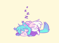  anthro ashley_nichols blue_body blue_fur blush closed_eyes duo felid female fur hi_res hunibun hunicast kovicat lagomorph leporid long_ears long_tail male mammal rabbit simple_background sleeping smile tail 