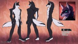  16:9 ailaanne anthro black_body black_fur blue_eyes canid canine canis clothed clothing domestic_dog erik_axelsson fur hi_res husky looking_away male mammal model_sheet nordic_sled_dog nude pattern_background rear_view scar scratches siberian_husky side_view simple_background solo spitz tattoo text topless white_body white_fur widescreen 