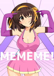  blush bra breasts brown_eyes brown_hair cleavage closed_mouth commentary copyright_name cosplay dress elbow_gloves female gloves hair_between_eyes hairband hand_to_head haruhisky highres large_breasts looking_at_viewer me!me!me! meme_(me!me!me!) meme_(me!me!me!)_(cosplay) one_eye_closed short_dress smile solo speed_lines suzumiya_haruhi suzumiya_haruhi_no_yuuutsu thigh_gap tongue tongue_out underwear 