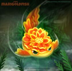  ambiguous_gender cyprinid cypriniform digital_media_(artwork) digital_painting_(artwork) elemental_creature english_text feral fish flora_fauna flower goldfish green_eyes humor marigold_(flower) marine orange_body orange_scales piper_thibodeau plant pun scales solo swimming text underwater url visual_pun water yellow_body yellow_scales 