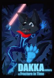  2019 4_toes 5_fingers anthro bandana biped black_body black_fur blue_eyes bodysuit canid canine canis claws clothing dakka dakkawoof fangs feet fingers fur hi_res holding_object holding_weapon kerchief lightsaber male mammal melee_weapon name_badge open_mouth paws red_lightsaber skinsuit solo star_wars sword teeth tight_clothing toes tron weapon wolf young young_anthro young_male 