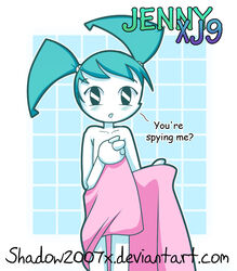  blush dialogue english_text female jenny_wakeman machine my_life_as_a_teenage_robot nickelodeon not_furry open_mouth robot shadow2007x solo text towel towel_only url 