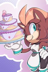  anthro black_nose blue_eyes brown_body brown_fur cake clothing dessert eyelashes female food footwear fur gloves hand_on_hip handwear hi_res hilda_the_hyena hildahyena hyena mammal one_eye_closed sega simple_background solo sonic_the_hedgehog_(series) tight_clothing 