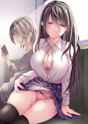  1boy backlighting black_hair black_legwear blue_eyes book bow bow_panties bra breasts button_gap cleavage closed_mouth clothes_lift commentary_request creek_(moon-sky) female hair_between_eyes highres holding holding_book large_breasts long_hair long_sleeves original panties pantyshot pink_panties pleated_skirt shirt sitting skirt skirt_lift train_interior unbuttoned unbuttoned_shirt underwear 