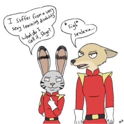  1:1 anothercolouranon anthro arctic_fox canid canine clothed clothing dialogue disney duo ellipsis english_text facial_markings female fox front_view fur grey_body grey_fur head_markings humor jack_savage lagomorph leporid male mammal markings parody rabbit shirt simple_background skye_(zootopia) speech_bubble text topwear true_fox white_background white_body white_fur zootopia 