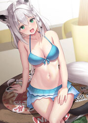  absurdres ahoge animal_ear_fluff animal_ears bikini bikini_skirt blue_bikini blurry blurry_background blush braid braided_ponytail breasts cleavage commentary cup_ramen female fox_ears fox_girl fox_tail green_eyes hair_between_eyes highres hikakin hololive indoors leaning_to_the_side long_hair looking_at_viewer medium_breasts nissin official_alternate_costume open_mouth shirakami_fubuki shirakami_fubuki_(hololive_summer_2019) sidelocks single_braid sitting solo swimsuit tail uehiro virtual_youtuber white_hair 