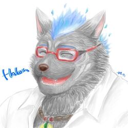  1:1 anthro black_body black_fur bust_portrait clothing dress_shirt eyewear fire flaming_hair flaming_mane fur furlong_(live_a_hero) glasses hyena jewelry kinaisan22511 laugh lifewonders live_a_hero low_res male mammal necklace portrait pseudo_hair pseudo_mane shirt solo topwear 