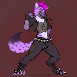  1:1 alternative_fashion anarchism anarchist anarchy_symbol anthro brown_background clothed clothing flat_chested fur green_eyes green_tongue hair hi_res hyena looking_at_viewer mammal paws pink_body pink_fur pink_hair psy_belmont punk shirt simple_background solo spikes spotted_hyena teeth thejoyfuldragon tomboy tongue topwear 