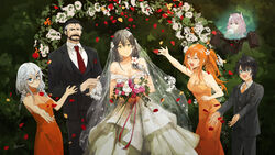  2boys 4girls ahoge animal_ears arch bare_shoulders beard berezovich_kryuger_(girls&#039;_frontline) black_hair black_suit black_vest blue_eyes breasts cat_ears chinese_commentary cleavage closed_eyes closed_mouth collarbone commentary cowboy_shot cup dier_(girls&#039;_frontline) dress drone english_commentary facial_hair floral_arch flower formal girls&#039;_frontline glasses grey_hair hair_between_eyes hair_flower hair_ornament hairclip hei_chuan_gui helianthus_(girls&#039;_frontline) highres holding holding_cup hologram kalina_(girls&#039;_frontline) long_hair long_sleeves looking_at_viewer messy_hair mixed-language_commentary multiple_boys multiple_girls necktie no_eyewear open_mouth orange_hair persica_(girls&#039;_frontline) pink_hair red_necktie scar shirt side_ponytail sier_(girls&#039;_frontline) smile suit vest wedding_dress white_hair white_shirt yellow_eyes 