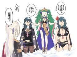  3girls armlet armor bikini black_bikini blue_hair bodice braid breasts brown_legwear brown_pantyhose bustier byleth_(female)_(fire_emblem) byleth_(female)_(summer)_(fire_emblem) byleth_(fire_emblem) capelet cleavage clothing_cutout dress edelgard_von_hresvelg fire_emblem fire_emblem:_three_houses fire_emblem_heroes flower fukuroumori garreg_mach_monastery_uniform green_hair hair_flower hair_ornament hair_ribbon highres honest_axe long_hair multiple_girls navel navel_cutout official_alternate_costume open_mouth pantyhose pantyhose_under_shorts patterned_legwear pointy_ears ribbon ribbon_braid short_hair shorts shoulder_armor side_braid simple_background smile sothis_(fire_emblem) swimsuit tassel tiara translated turtleneck twin_braids vambraces waist_cape yuri 