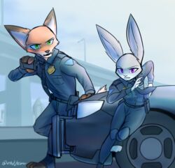  2018 absurd_res anthro big_ears canid canine car clothed clothing dipstick_ears disney duo ear_markings endjfcar female fox fur green_eyes grey_body grey_fur hi_res holding_object judy_hopps lagomorph leporid male mammal multicolored_ears necktie nick_wilde outside police police_uniform purple_eyes rabbit red_fox running signature sky toeless_legwear true_fox uniform vehicle zootopia 