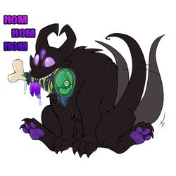  1:1 alien backpack black_body black_fur bodily_fluids colored digital_media_(artwork) drooling eating feet food fur keyhole mammal meat mimic monster pawpads paws phuufy purple_eyes purple_tongue saliva simple_background sitting smile solo tail tail_motion tailwag teeth text toes tongue tongue_out uberquest white_background 