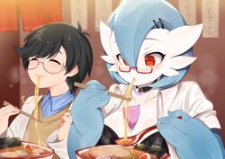  bra breasts cleavage clothed clothing dr._voir duo eating evolutionary_stone eyewear fan_character female food gardevoir generation_3_pokemon glasses hi_res human humanoid jewelry male mammal mega_stone mofuaki nano_(nanosheep) necklace nintendo noodles not_furry pokemon pokemon_(species) ramen scientist shiny_pokemon underwear 