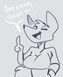  2022 anthro big_breasts breasts canid canine clothed clothing dialogue english_text female grey_background hi_res karakylia mammal open_mouth open_smile simple_background smile solo text 