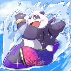  1:1 2019 alp_(tas) anthro ass bear belly black_nose blush clothing cute_fangs fur giant_panda hi_res humanoid_hands lifewonders male mammal mohumohudansi outside overweight overweight_anthro overweight_male purple_body purple_fur solo surfboard surfing swimwear tokyo_afterschool_summoners tongue vehicle water watercraft white_body white_fur 