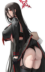  1boy absurdres ass black_garter_belt black_hair black_panties black_shirt black_skirt blue_archive blush breasts clothes_lift female garter_belt hai_binggan hair_between_eyes halo hasumi_(blue_archive) highres large_breasts long_sleeves looking_at_viewer looking_back mole mole_under_eye panties parted_lips red_eyes shirt simple_background skirt skirt_lift thighs thong underwear white_background 