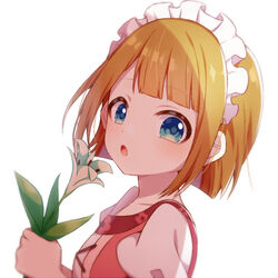  :o blonde_hair blue_eyes blunt_bangs commentary_request dress female flora_(genshin_impact) flower from_side genshin_impact holding holding_flower hoshino_hikari looking_at_viewer looking_to_the_side maid_headdress pink_dress short_hair sidelocks simple_background solo upper_body white_background white_flower 