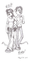  aardman_animations anthro belt bottomwear breasts button_clothing clothing collared_shirt dreamworks duo english_text female flushed_away footwear hair hand_in_pocket hand_on_hip hand_on_shoulder hi_res male mammal monochrome murid murine pants pockets ponytail rat rat_tail raygirl13 rita_malone roddy_st._james rodent shoes simple_background smile smirk tail text walking watermark white_background 