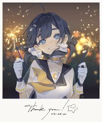  ahoge black_hair blue_eyes breasts choker collarbone dated english_commentary faux_photograph female fireworks frilled_choker frills gloves hair_behind_ear head_tilt heart heart_ahoge holding holding_fireworks indie_virtual_youtuber looking_at_viewer polaroid ryusei_nova sailor_collar smile solo sparkler virtual_youtuber white_gloves xiaociiao 