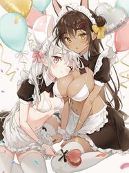  2girls :&lt; animal_ears apron balloon bikini bikini_top_only black_skirt blush bow breasts cleavage closed_eyes confetti dark-skinned_female dark_skin frilled_apron frilled_skirt frills hair_ornament hairbow hairclip heart_balloon highres holding large_breasts long_hair looking_at_viewer maid_headdress medium_breasts multiple_girls murata_konomin one_eye_closed original parted_lips pink_eyes rabbit_ears rabbit_girl short_sleeves sitting skirt streamers swimsuit thighhighs waist_apron white_apron white_bikini white_thighhighs 