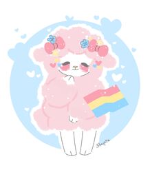  2019 accessory anthro biped blush bovid bow_(feature) bow_accessory bow_ribbon caprine closed_eyes daww digital_drawing_(artwork) digital_media_(artwork) domestic_sheep female front_view fur hair_accessory hair_ribbon hairbow happy heart_symbol hi_res lgbt_pride looking_at_viewer mammal my_sweet_piano onegai_my_melody pansexual_pride_colors pink_body pink_fur pink_wool pride_colors ribbons sanrio semi-anthro sheep sheepiescribblz smile solo standing wool_(fur) yellow_nose 