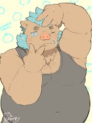  2019 absurd_res anthro belly blush buta5kawa clothing ganglie_(tas) hamuga86 hi_res humanoid_hands lifewonders male mammal one_eye_closed overweight overweight_anthro overweight_male shirt simple_background solo suid suina sus_(pig) tank_top text tokyo_afterschool_summoners topwear wild_boar wink 