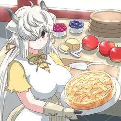  animal_ears apple apple_pie blueberry blush breasts brown_eyes butter dessert dress extra_ears female food fruit gloves hair_over_one_eye horns kemono_friends kemono_friends_3 large_breasts long_hair looking_at_viewer mukouyama_mu ox_ears ox_girl ox_horns pie plate raspberry ribbon shirt short_sleeves smile solo tail twintails very_long_hair white_hair yak_(kemono_friends) 