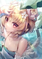  andira_(granblue_fantasy) andira_(summer)_(granblue_fantasy) animal_ears arm_up bare_shoulders blonde_hair blue_one-piece_swimsuit casual_one-piece_swimsuit double_bun erune female flower glint granblue_fantasy hair_between_eyes hair_bun hair_flower hair_ornament highres kogome_(azalea4) looking_at_viewer md5_mismatch monkey_ears monkey_girl monkey_tail official_alternate_costume one-piece_swimsuit red_eyes see-through solo swimsuit tail twitter_username upper_body water_drop white_flower 