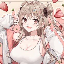  blush breasts brown_hair cleavage collarbone crop_top eyelashes female food fruit hair_ornament hair_ribbon hairclip highres jacket large_breasts long_hair long_sleeves looking_at_viewer murata_konomin nail_polish open_clothes open_jacket open_mouth original pink_eyes pink_nails ribbon sleeves_past_wrists solo sports_bra strawberry two_side_up upper_body white_sports_bra x_hair_ornament 