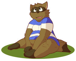  2018 anthro belly biped brown_body brown_fur clothing cute_fangs fur hi_res male mammal procyonid raccoon rosemary_wells shirt simple_background sitting slightly_chubby snowhip solo timothy_(tgts) timothy_goes_to_school tongue topwear 