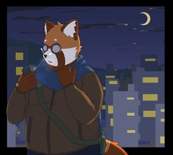  2022 ailurid anthro bari_mu cellphone city clothing electronics eyewear glasses hi_res humanoid_hands kemono male mammal moon night outside overweight overweight_male phone red_panda scarf smartphone solo sweater topwear 