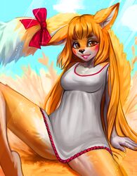  2021 anthro biped black_nose blush breasts canid canine clothed clothing cloud detailed_background dipstick_tail female fox hi_res mammal markings multicolored_tail outside shirt sitting sky sleepyhelen solo tail tail_markings topwear 