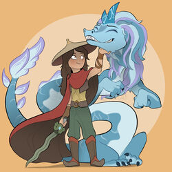  aquatic_dragon asian_mythology boots claws closed_eyes clothed clothing disney dragon duo east_asian_mythology eastern_dragon fangs female footwear hat headgear headwear hi_res holding_object holding_weapon horn human jayferdraw looking_at_another mammal marine mythology raya_(ratld) raya_and_the_last_dragon simple_background sisu_(ratld) stripes_(marking) weapon 