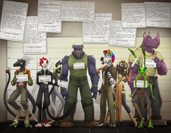  anthro arthropod black_body black_fur blonde_hair blue_eyes breasts canid canine cassi_dupuis cleavage clothed clothing david_lillie dinosaur dreamkeepers dromaeosaurid dubs_(twa) english_text equid equine female fur geno_babikov green_body group hair hal_adhil hi_res horn insects johnny_(twa) lagomorph leporid male mammal mantis marcus_adhil marvin_brunner multicolored_hair police_lineup purple_body purple_skin rabbit rainbow_hair red_eyes reptile rhinocerotoid scales scalie striped_body striped_fur stripes text the_wayward_astronomer theropod ursid vanir velociraptor white_body white_fur white_scales yellow_sclera zebra 