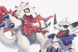  3:2 ambiguous_gender anthro bandai_namco bandana black_claws cape claws clothing digimon digimon_(species) digimon_ghost_game duo gammamon hackmon happy hi_res horn kerchief kira_dra_h sharp_teeth simple_background smile teeth white_background white_body 