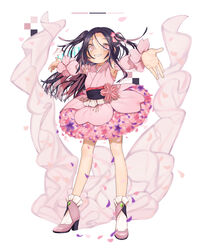  absurdres black_hair black_sash cherry_blossoms commentary female flower flower_skirt full_body gotou_(nekocat) hair_flower hair_ornament high_heels highres japanese_clothes kimono kimono_skirt long_hair looking_at_viewer multicolored_hair obi original outstretched_arms parted_lips petals pink_eyes pink_footwear pink_hair pink_kimono plum_blossoms reiwa sash smile solo two-tone_hair two_side_up violet_(flower) white_background 