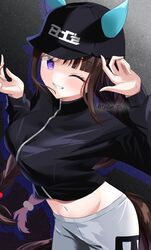  animal_ears baseball_cap black_hat blunt_bangs boc&#039;z_(umamusume) braid breasts brown_hair cowboy_shot crop_top cropped_jacket ear_covers female from_above grey_pants hat high_collar highres hokko_tarumae_(boc&#039;z)_(umamusume) hokko_tarumae_(umamusume) horse_ears horse_girl looking_at_viewer lryutanl midriff multicolored_hair navel official_alternate_costume pants smile solo streaked_hair sweatpants twin_braids twitter_username two-tone_hair umamusume watermark white_hair 