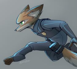  2018 anthro canid canine clothed clothing dipstick_ears dipstick_tail disney ear_markings endjfcar fox fur green_eyes grey_background hi_res male mammal markings multicolored_ears multicolored_tail nick_wilde orange_body orange_fur police police_uniform red_fox signature simple_background solo tail tail_markings toeless_legwear true_fox uniform zootopia 