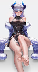  absurdres bare_legs bare_shoulders barefoot black_dress black_panties blue_eyes blush breasts cleavage closed_mouth dragon_horns dress feet female foot_focus foreshortening fur_trim grey_background highres horns kidmo korean_commentary legs lips long_hair looking_at_viewer medium_breasts panties presenting_foot see-through sitting smile soles solo toes underwear white_hair 