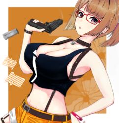  alternate_hairstyle bizen_kurage blush breasts brown_hair cleavage commentary_request english_text female girls&#039;_frontline glasses grizzly_mkv_(girls&#039;_frontline) grizzly_mkv_(weekend_cop)_(girls&#039;_frontline) grizzly_win_mag gun highres huge_breasts looking_at_viewer official_alternate_costume open_mouth ponytail purple_eyes short_hair shorts solo weapon 