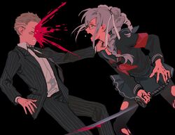  1boy armband black_background black_jacket black_legwear black_necktie black_pants black_sailor_collar black_shirt black_skirt blood braid clenched_teeth crying cutting danganronpa_(series) danganronpa_2:_goodbye_despair feet_out_of_frame female glasses grey_hair grey_ribbon grey_shirt hair_ribbon highres holding holding_sword holding_weapon injury jacket katana kuzuryu_fuyuhiko long_hair mimulishizi miniskirt neckerchief necktie open_clothes open_jacket pants pantyhose pekoyama_peko pink_blood red_armband red_eyes red_neckerchief ribbon sailor_collar school_uniform shirt simple_background skirt slashing striped_clothes striped_jacket striped_pants sword tears teeth torn_clothes torn_pantyhose twin_braids weapon 