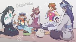  2girls 5boys ^_^ animal_ear_fluff animal_ears animal_nose black_hair brown_hair closed_eyes copyright_name dog_ears eating food freddie_(gundam_build_divers_re:rise) furry gundam gundam_build_divers gundam_build_divers_re:rise haro kuga_hiroto long_hair maiya_(gundam_build_divers_re:rise) may_(gundam_build_divers_re:rise) multiple_boys multiple_girls muran_(gundam_build_divers_re:rise) muscular parviz_(gundam_build_divers_re:rise) puchi_256 robot torimachi_kazami 