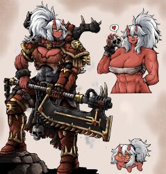  abs adeptus_astartes armor axe backpack bag boots breasts chain_axe chains chaos_(warhammer) chaos_space_marine cleavage cropped_torso cuffs doro_(nikke) female gauntlets genderswap_(mtf) goddess_of_victory:_nikke gorget heart highres holding holding_axe holding_weapon horns khorne_(cult) multiple_views muscular muscular_female octosoup pauldrons ponytail power_armor rule_63 sarashi shackles sharp_teeth shoulder_armor single_gauntlet skull solo spoken_heart teeth warhammer_40k weapon white_hair yellow_eyes 