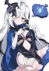  absurdres bandage_on_face bandaged_arm bandages black_dress black_hair blue_cloak blush bodypaint breasts brooch can cleavage cloak closed_mouth commentary_request cosette_(stella_sora) dress drink_can female frown green_eyes hair_ornament hair_over_one_eye head_tilt highres index_fingers_together jewelry long_hair medium_breasts multicolored_hair navel o-ring_dress simple_background sitting sleeveless sleeveless_dress soda_can solo speech_bubble stella_sora stomach streaked_hair swept_bangs thigh_strap thought_bubble two-tone_hair vavamva very_long_hair white_background white_hair yokozuwari 